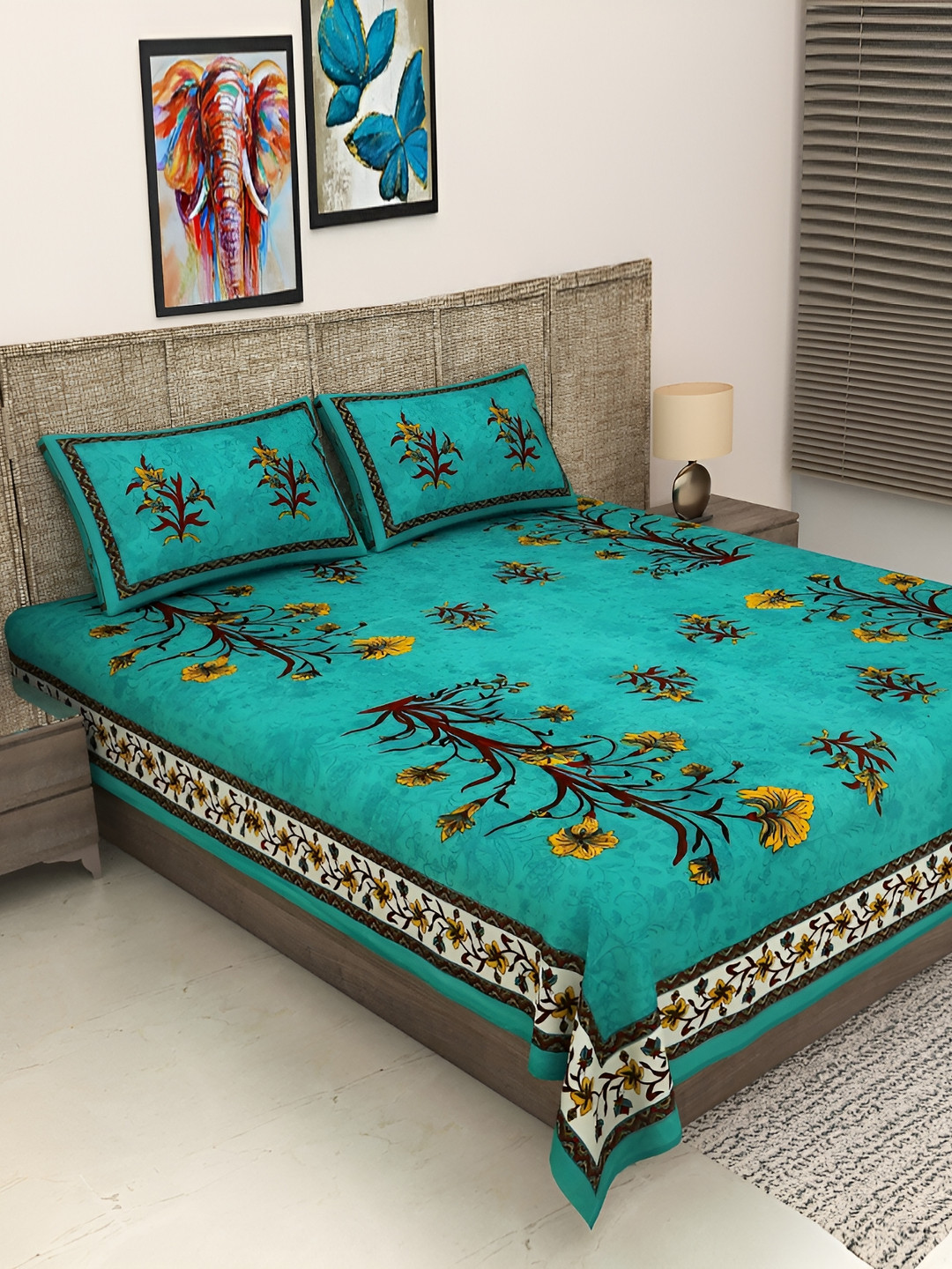 Wayne Martin Green Floral Cotton 240 TC King Fine Bedsheet with 2 Pillow Covers-91 x 108 inches