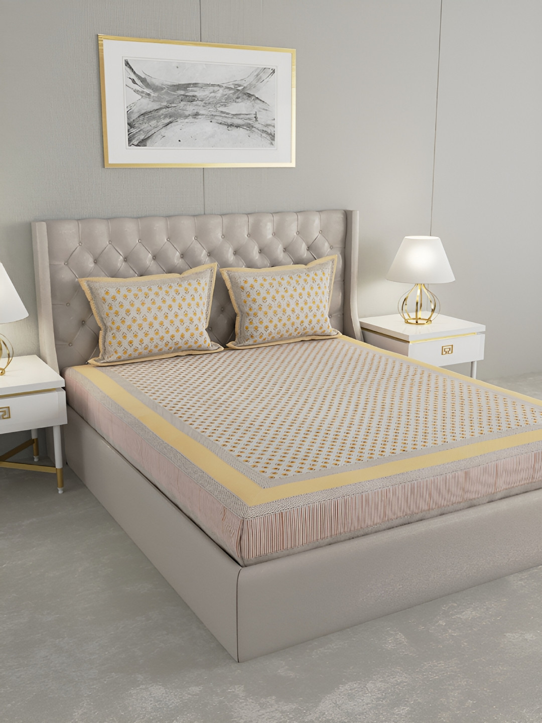 Wayne Martin Yellow Floral Cotton 240 TC King Fine Bedsheet with 2 Pillow Covers-91 x 108 inches
