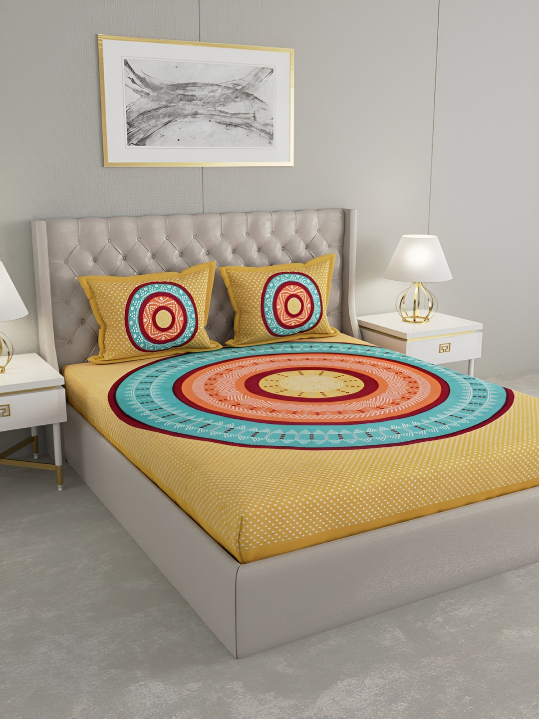 Wayne Martin Yellow Graphic Cotton 240 TC King Fine Bedsheet with 2 Pillow Covers-91 x 108 inches