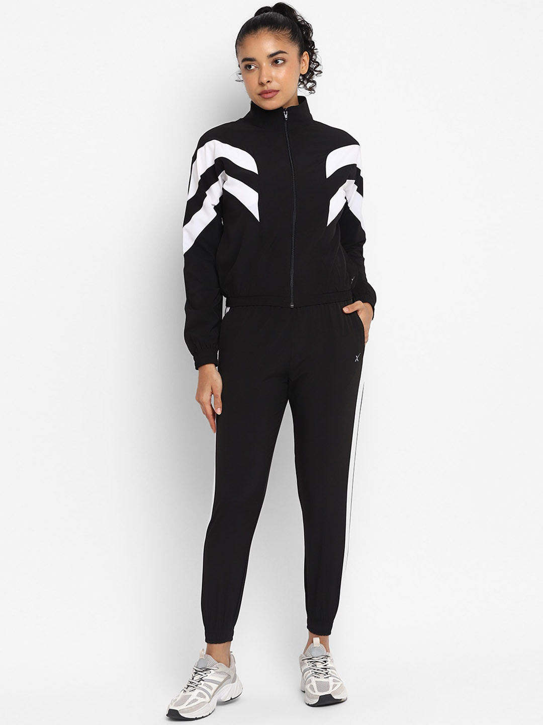 HRX by Hrithik Roshan Black & White Colourblocked Stand Collar Tracksuit