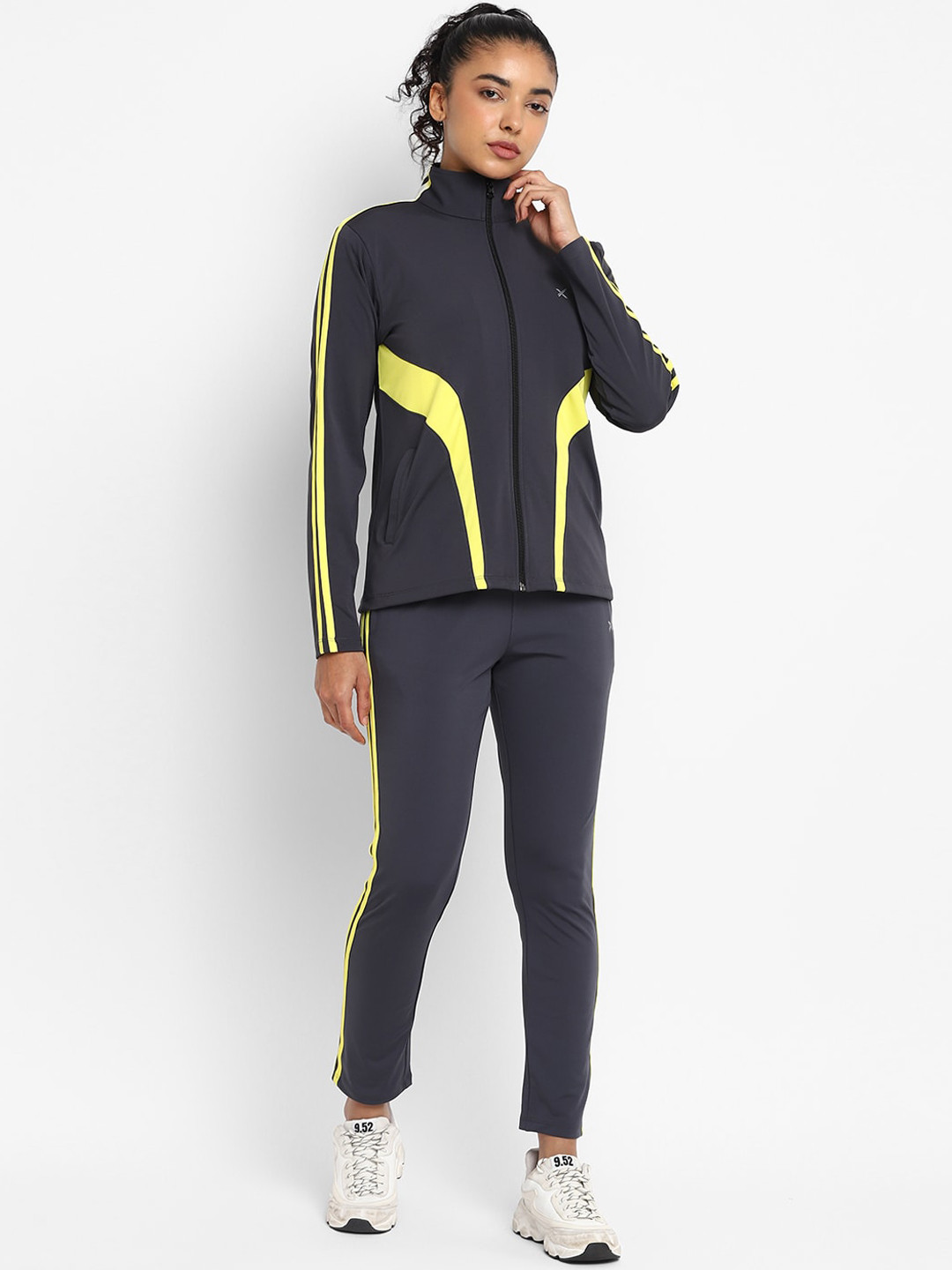HRX by Hrithik Roshan Grey & Yellow Colourblocked Stand Collar Tracksuit