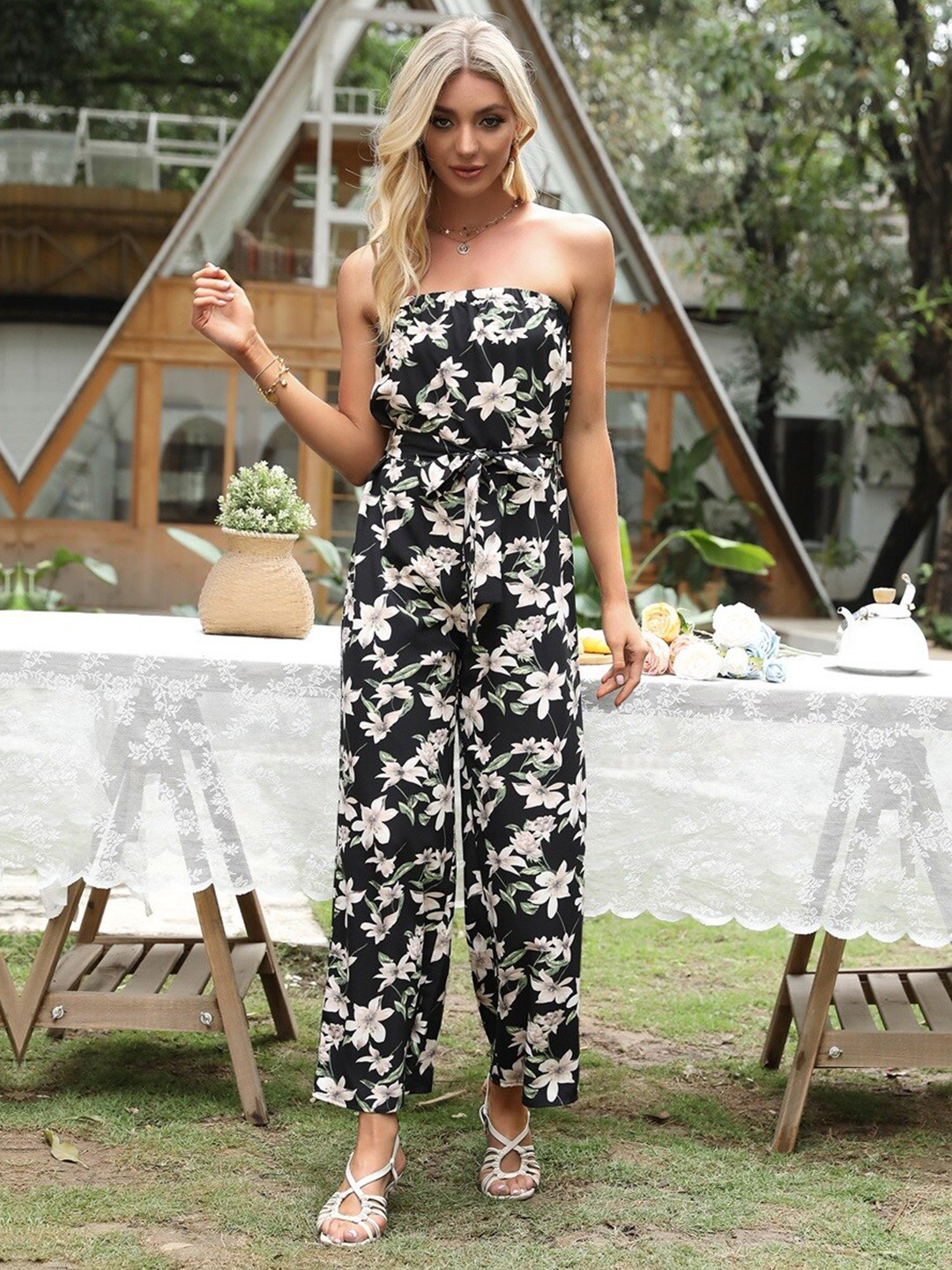 StyleCast Black Floral Printed Strapless Basic Jumpsuit