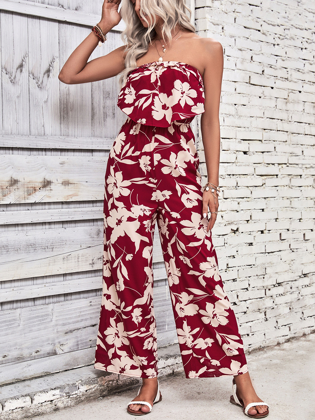 StyleCast Red Floral Printed Strapless Basic Jumpsuit