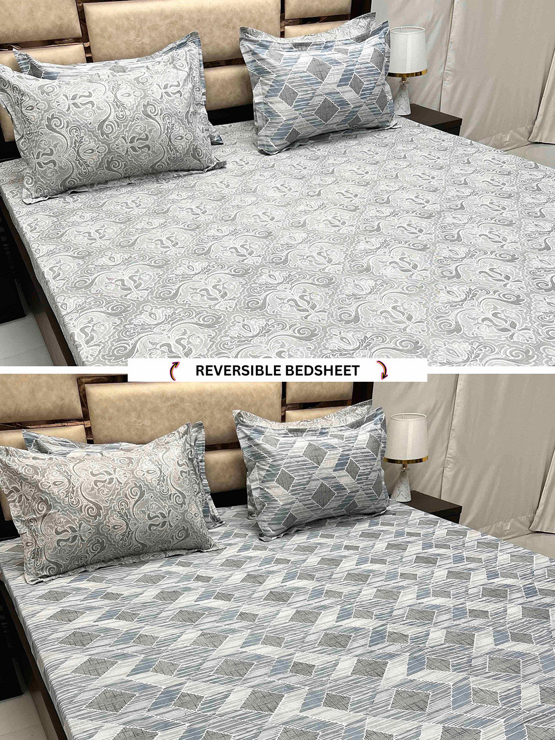 Pure Decor White Ethnic Motifs Cotton Reversible 400 TC King Superfine Bedsheet with 4 Pillow Covers-108 x 108 inches