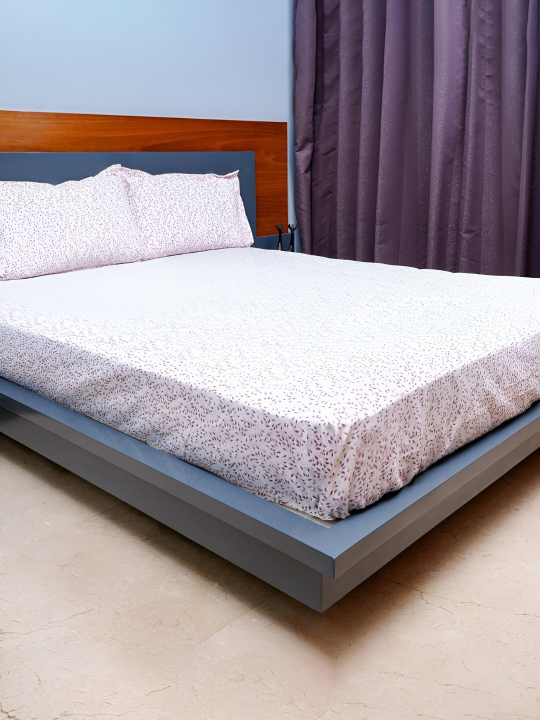 inizio White Floral Cotton 240 TC King Fine Bedsheet with 2 Pillow Covers-108 x 108 inches