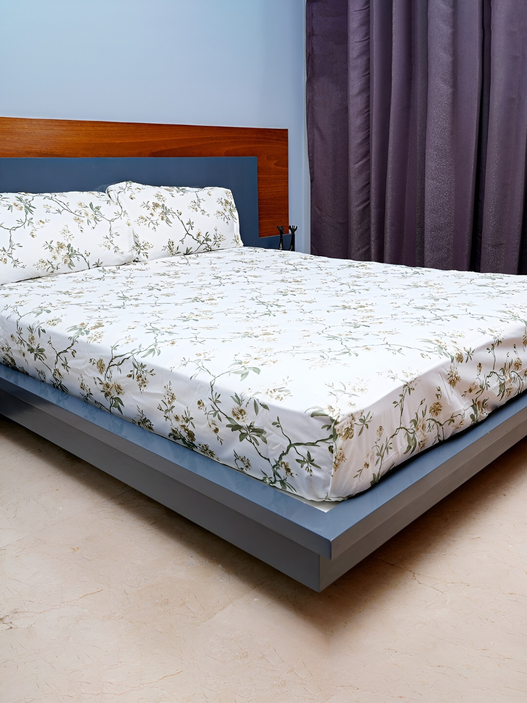 inizio Off White Floral Cotton 240 TC King Fine Bedsheet with 2 Pillow Covers-108 x 108 inches