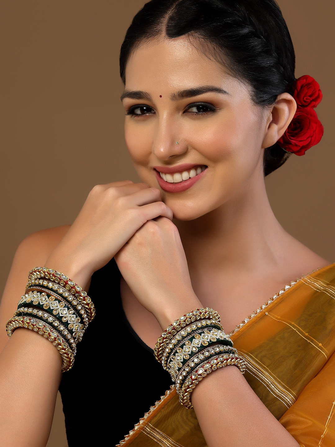 PANASH Set Of 16 Gold-Plated Stone Studded Bangles Chuda Set