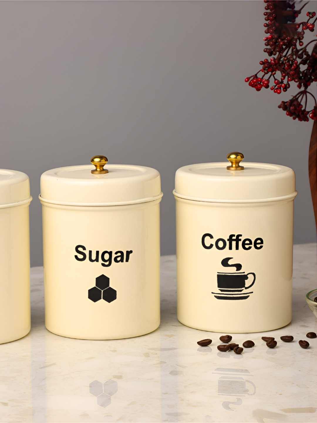 Dudki off White Typography Stainless Steel Dishwasher Safe 3 Piece Screw Top Canister-800ml