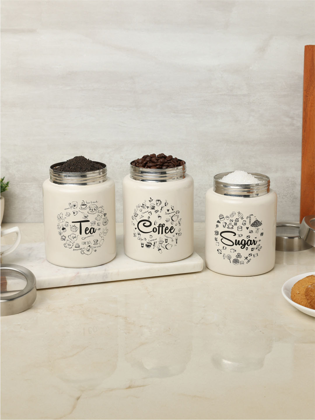 Dudki Iconic Beige Typography Stainless Steel Dishwasher Safe 3 Piece Screw Top Canister-950ml