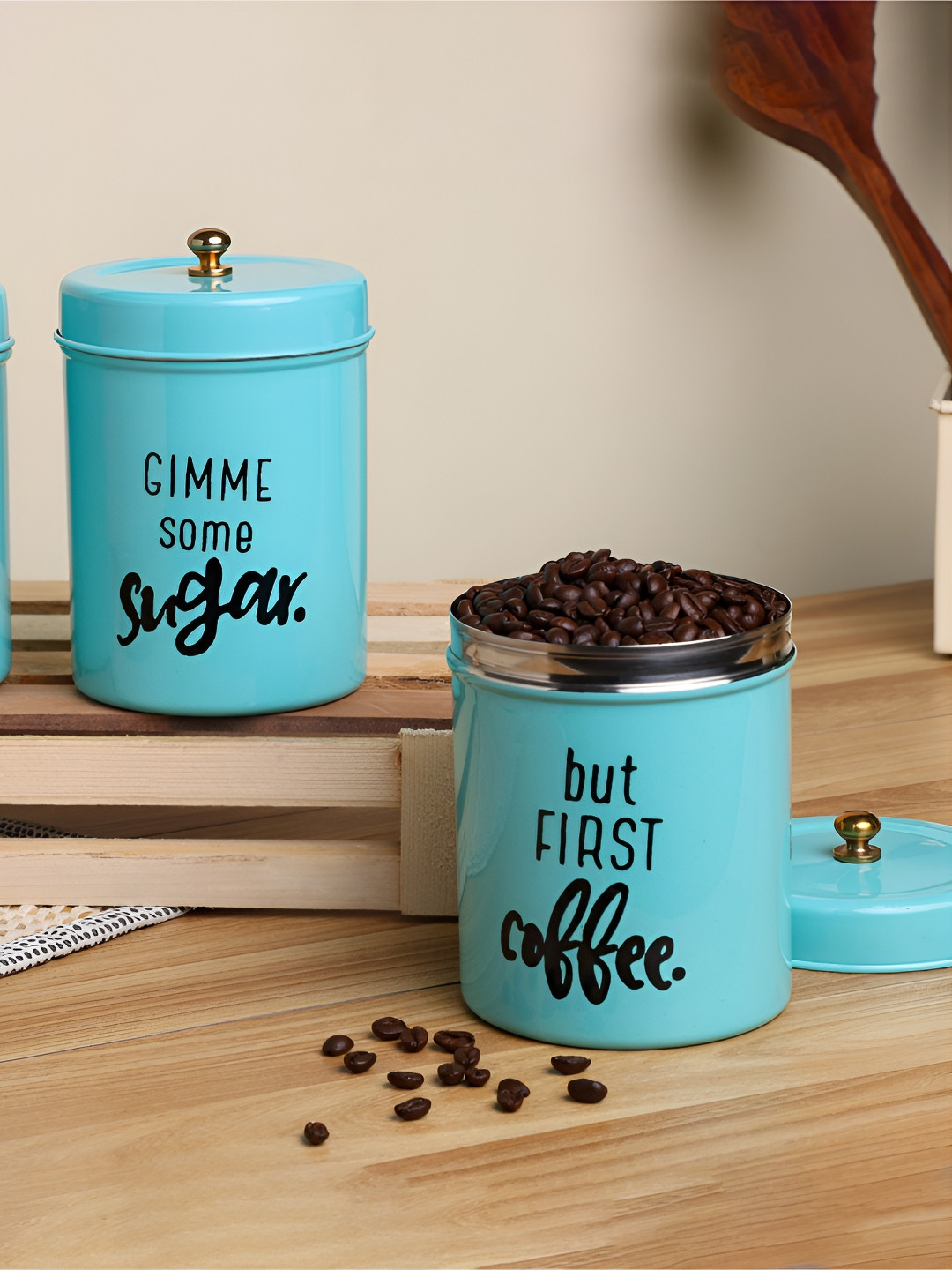 Dudki Turquoise Blue Typography Stainless Steel Dishwasher Safe 3 Piece Screw Top Canister-800ml