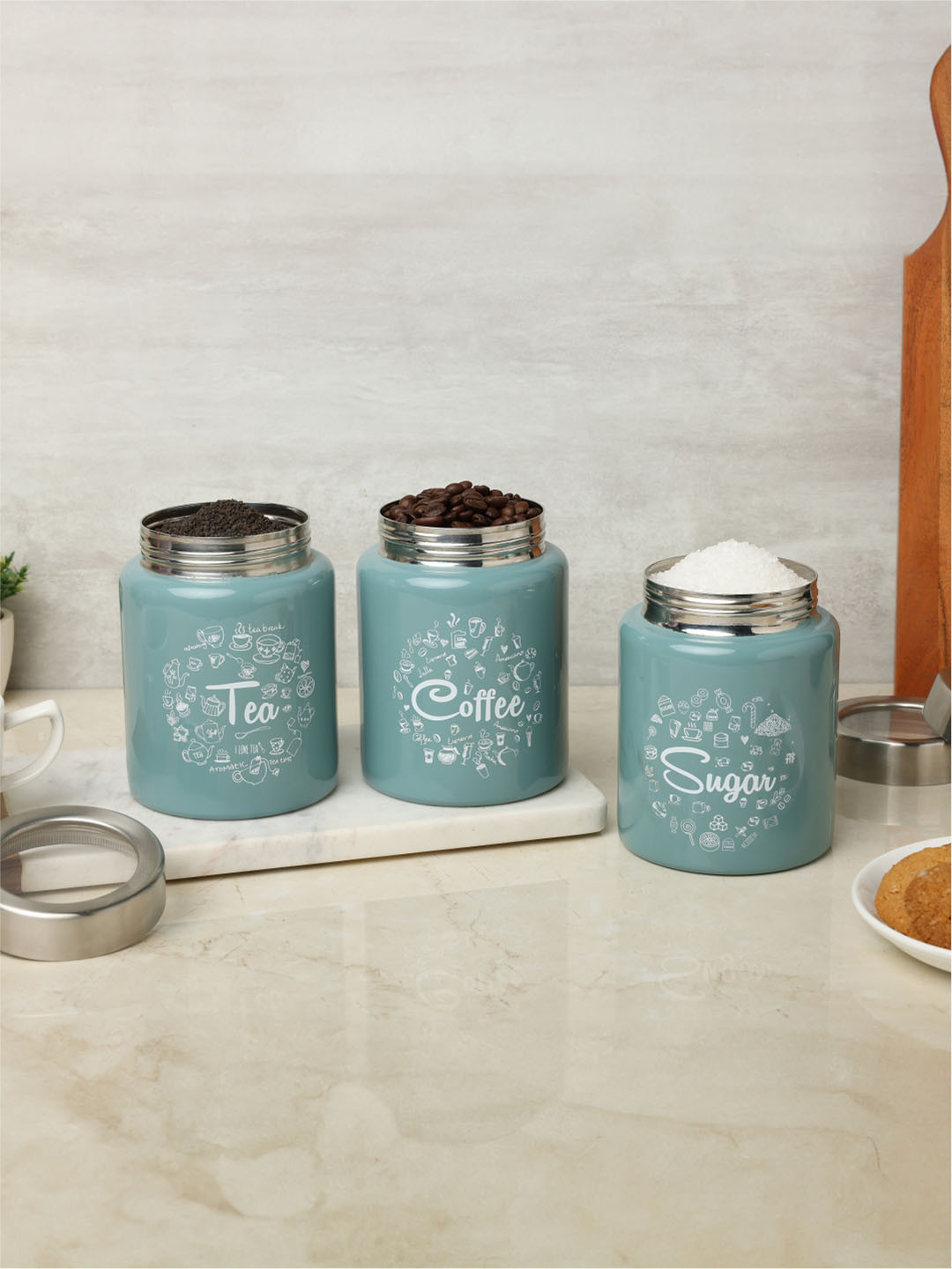 Dudki Iconic Green Typography Stainless Steel Dishwasher Safe 3 Piece Screw Top Canister-950ml