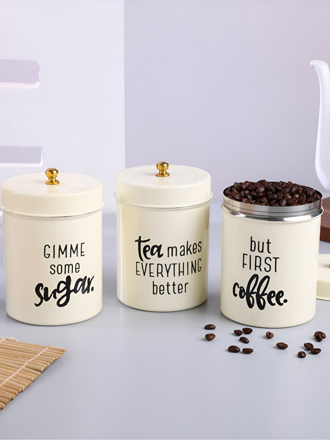 Dudki off White Typography Stainless Steel Dishwasher Safe 3 Piece Screw Top Canister