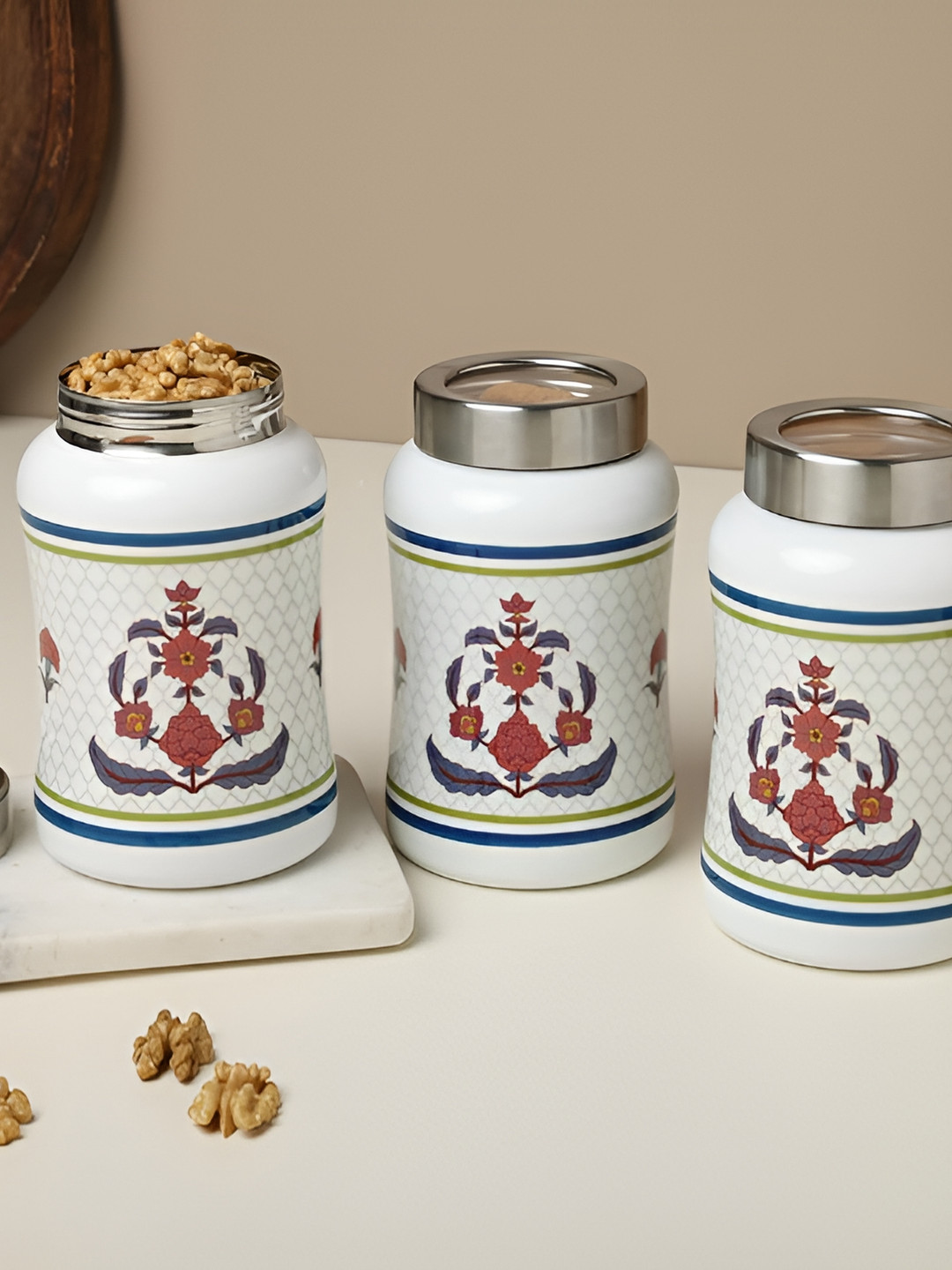 Dudki Carnation Flower White Floral Stainless Steel Dishwasher Safe 3 Piece Screw Top Canister-1.3L