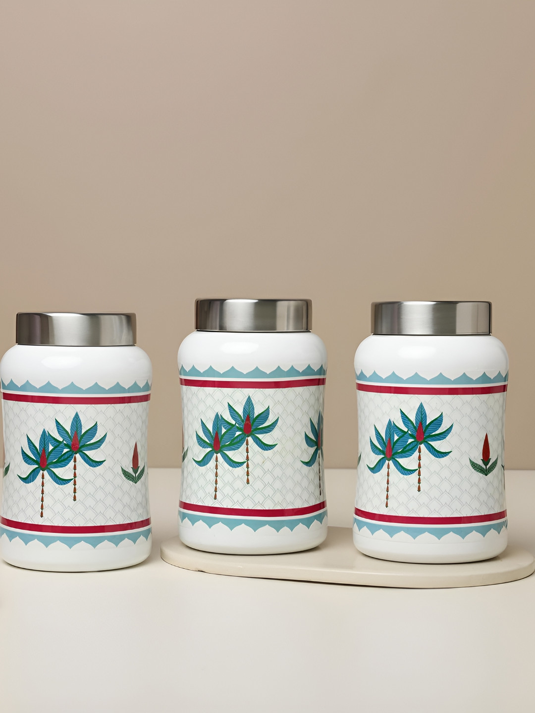 Dudki Tropical Tree Tulip White Leaf Stainless Steel Dishwasher Safe 3 Piece Screw Top Canister-1.3L