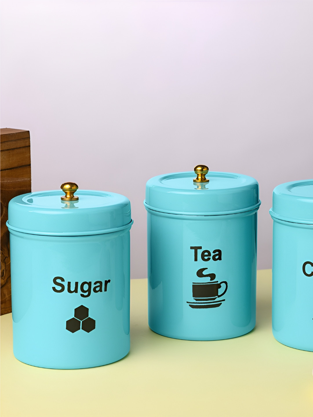 Dudki Turquoise Blue Typography Stainless Steel Dishwasher Safe 3 Piece Screw Top Canister