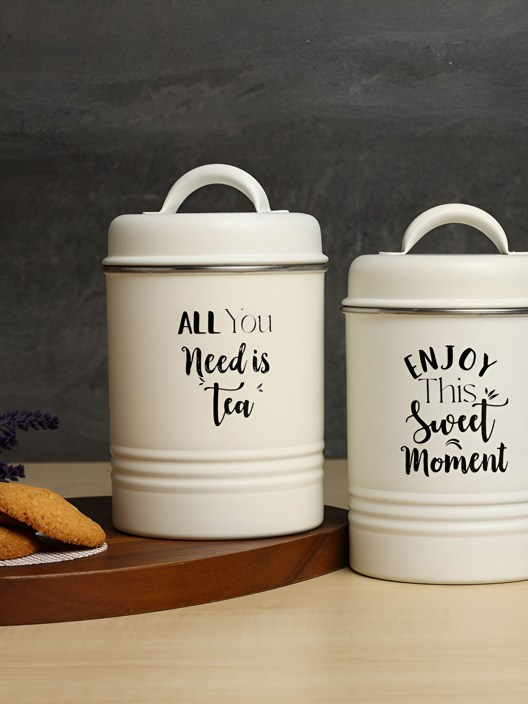 Dudki off White Typography Stainless Steel Air Tight 2 Piece Screw Top Canister-1L