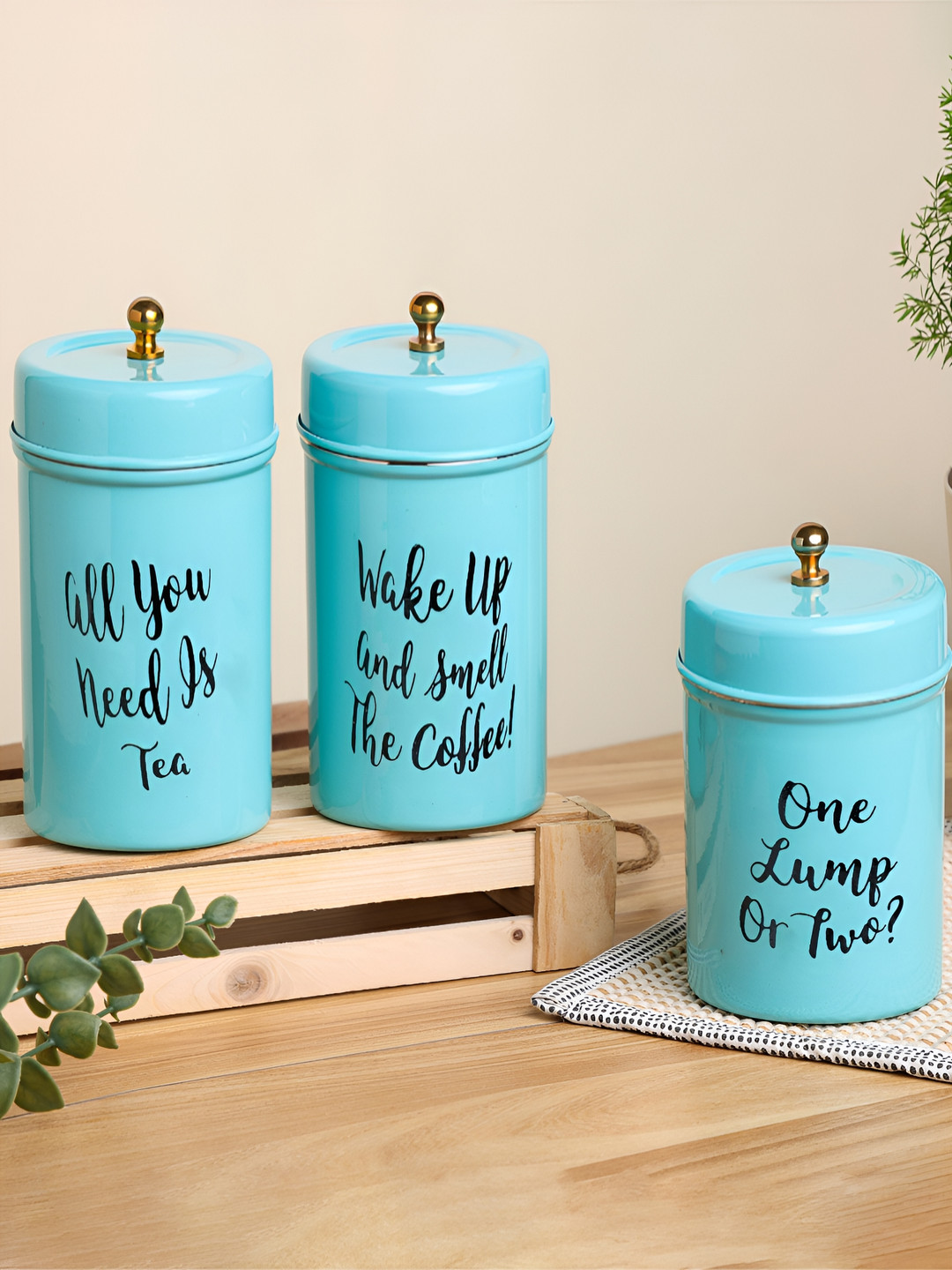 Dudki Turquoise Blue Typography Stainless Steel Dishwasher Safe 3 Piece Screw Top Canister-800ml