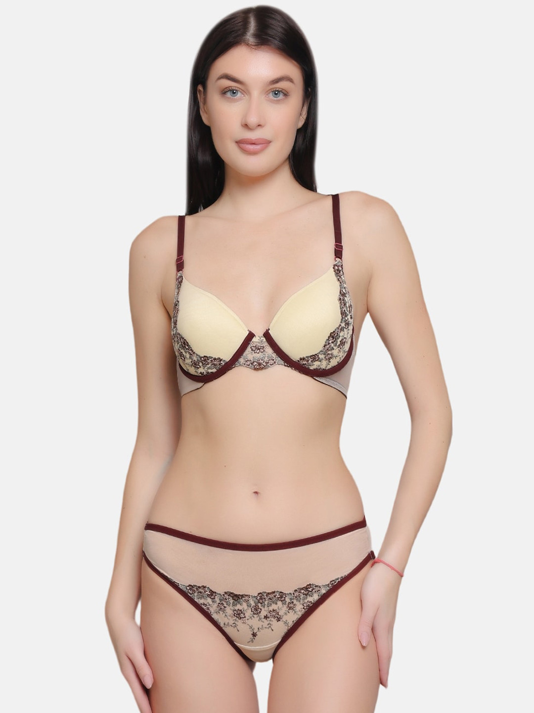 CURWISH Printed Lacy Wonder Push-up Bra Lingerie Set