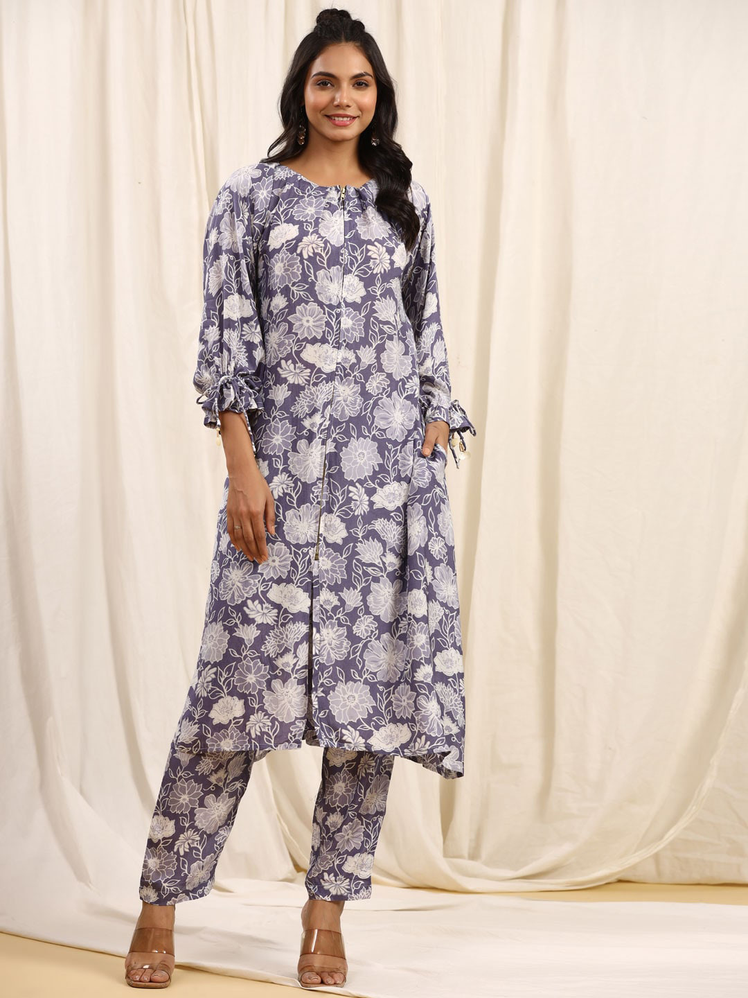 Readiprint Floral Printed Puff Sleeves A-Line Kurta With Trousers