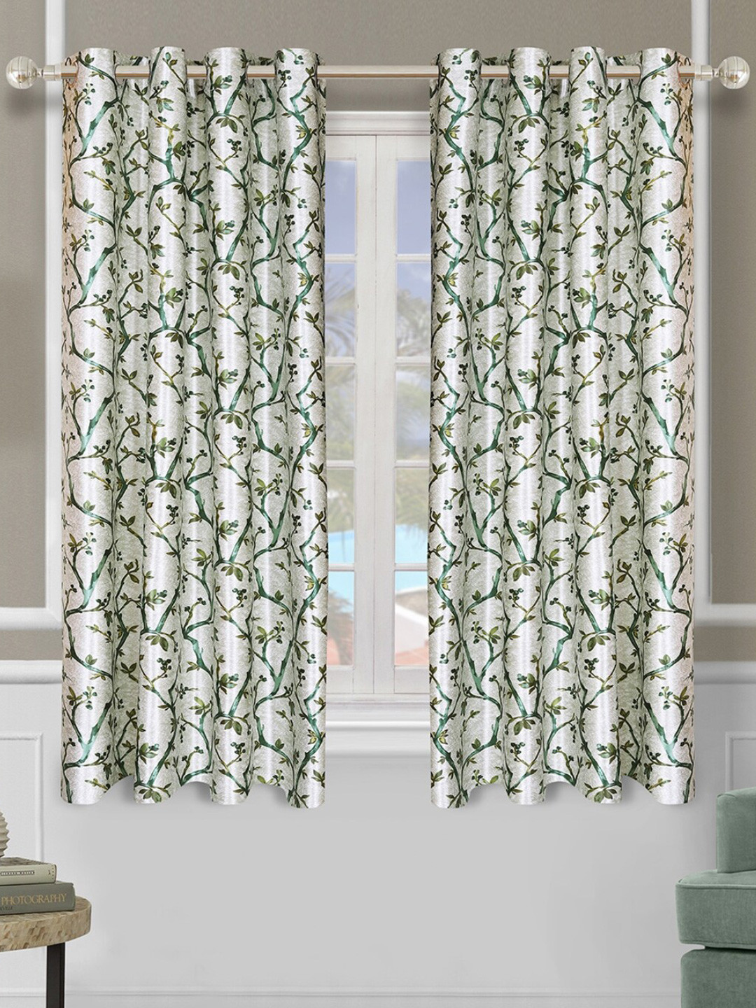 ROMEE Green & White 2 Pieces Floral Window Curtain