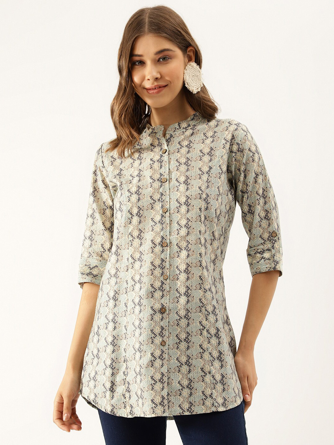 KALINI Geometric Printed Mandarin Collar Modal Shirt Style Top