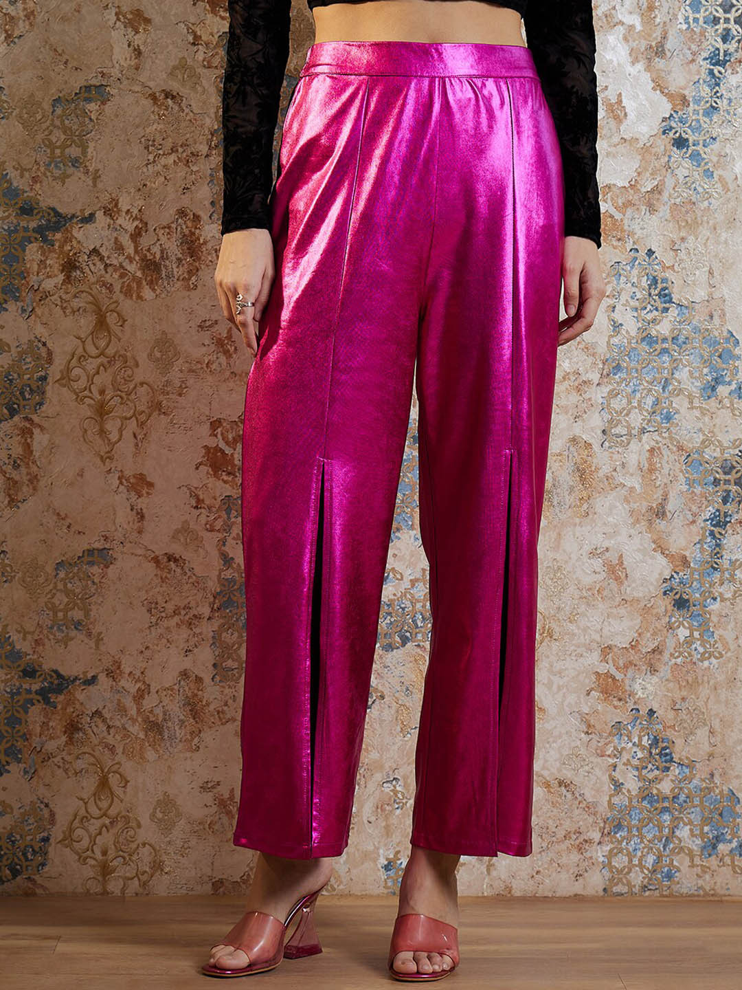 Shally Bhasin by Athena Women Fuchsia Smart Loose Fit Mid-Rise Non Iron Pleated Bootcut Trousers
