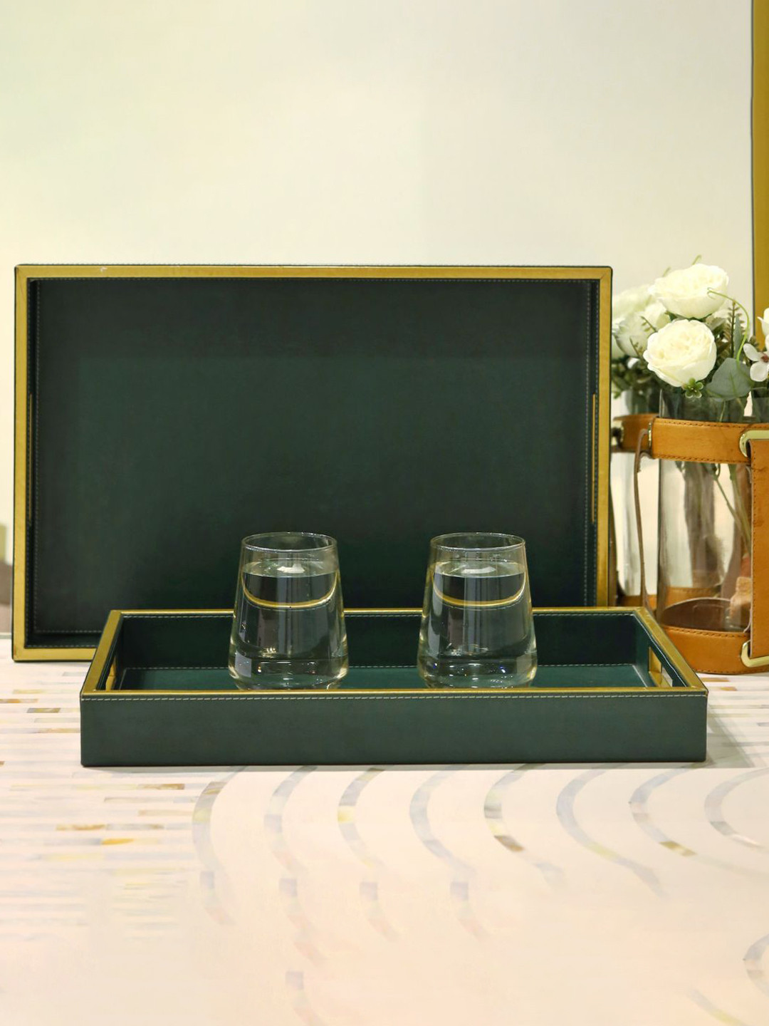 CasaGold Green Set Of 2 Leather Tray Set
