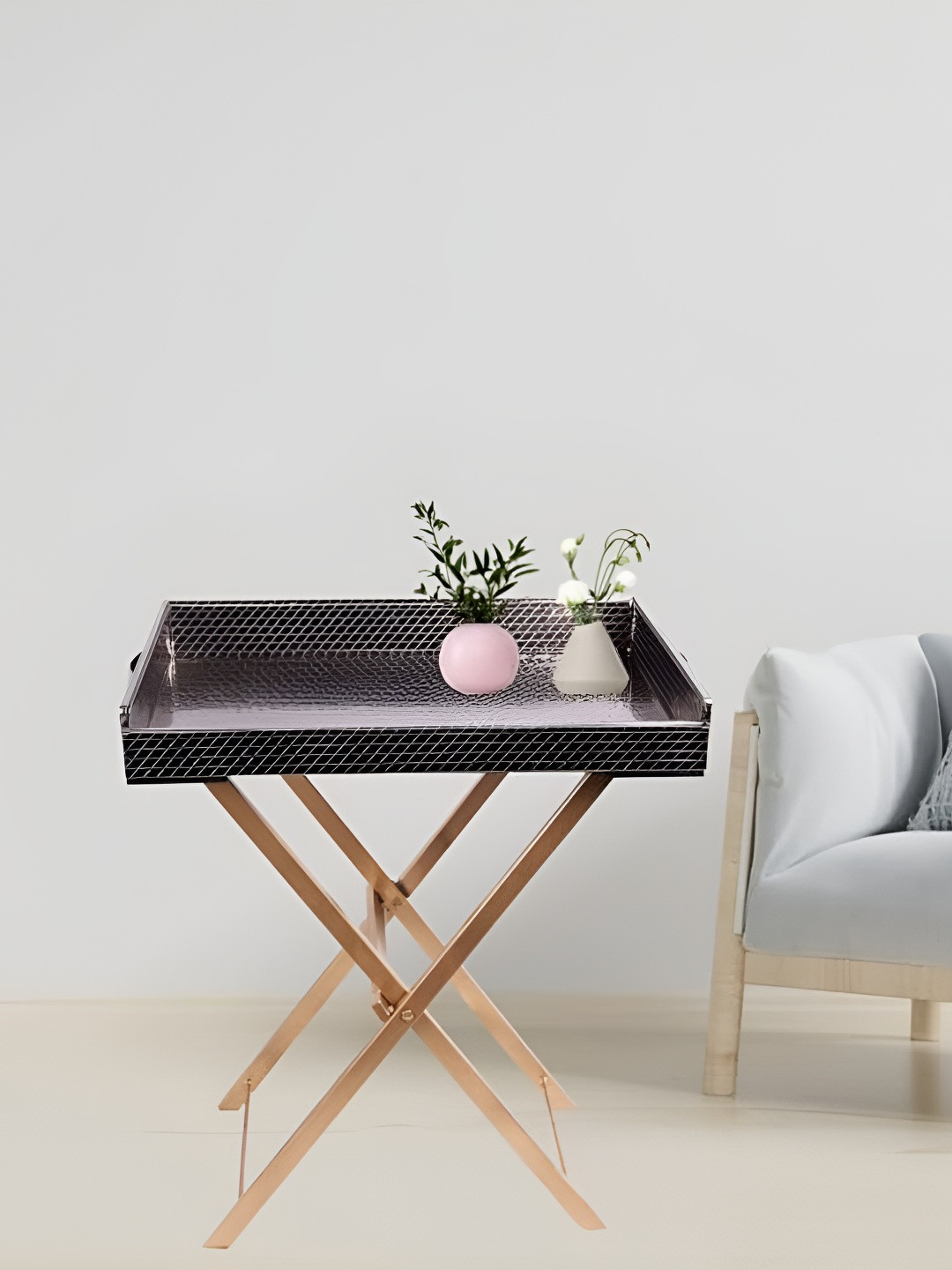 CasaGold Grey & Gold Toned Textured Rectangular Wood Foldable Tray With Stand