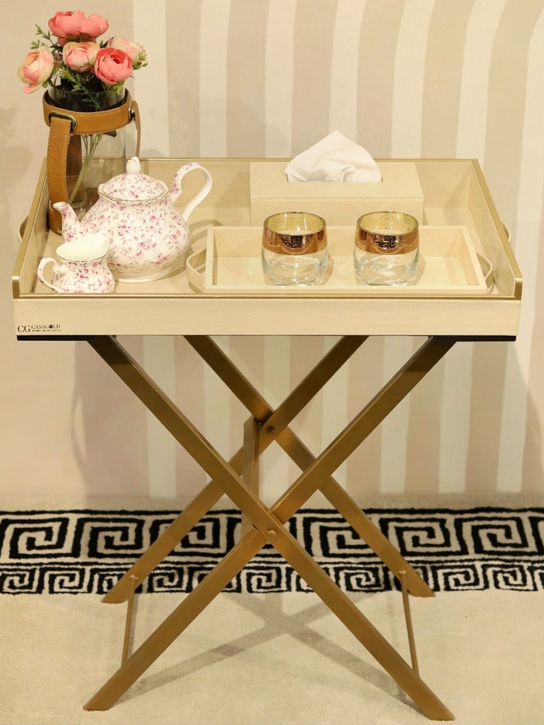 CasaGold Cream 2 Pieces Solid Rectanglar Leather Butler & Small Tissue Box Tray