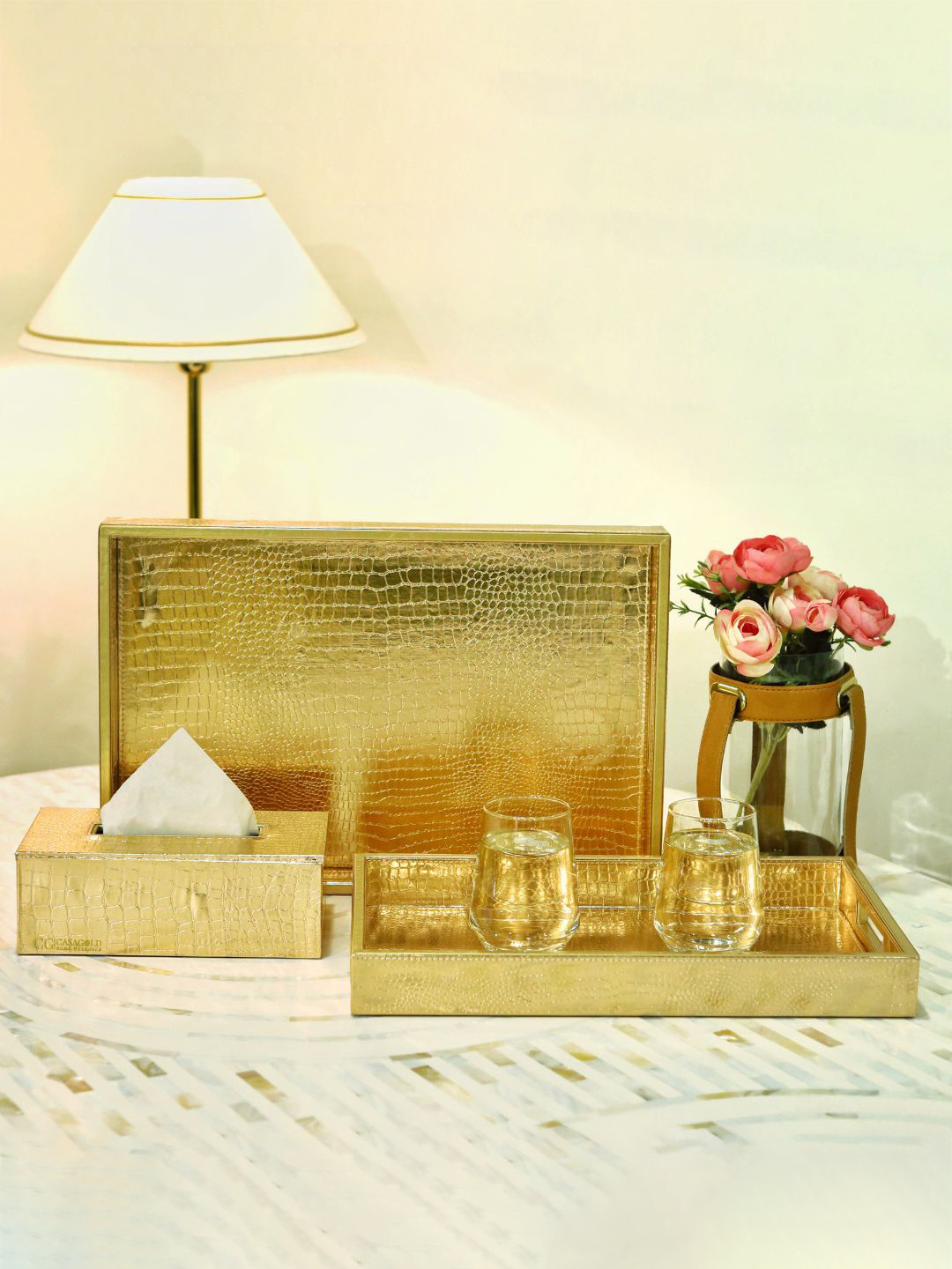 CasaGold Set of 3 Nude Leather Tray & Tissue Holder