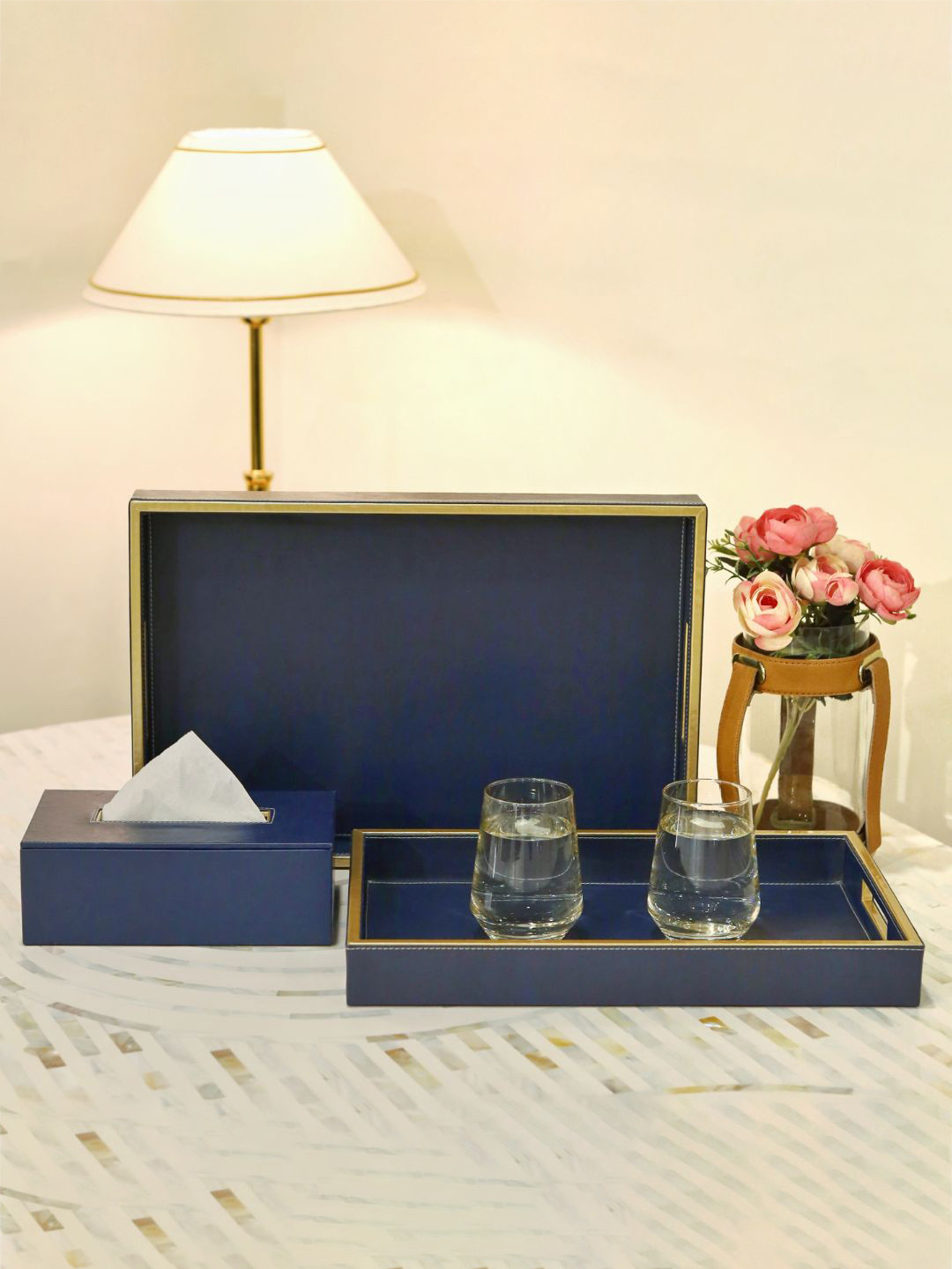 CasaGold Navy Blue & Gold Toned 2 Pieces Rectangular Tray With Tissue Holder
