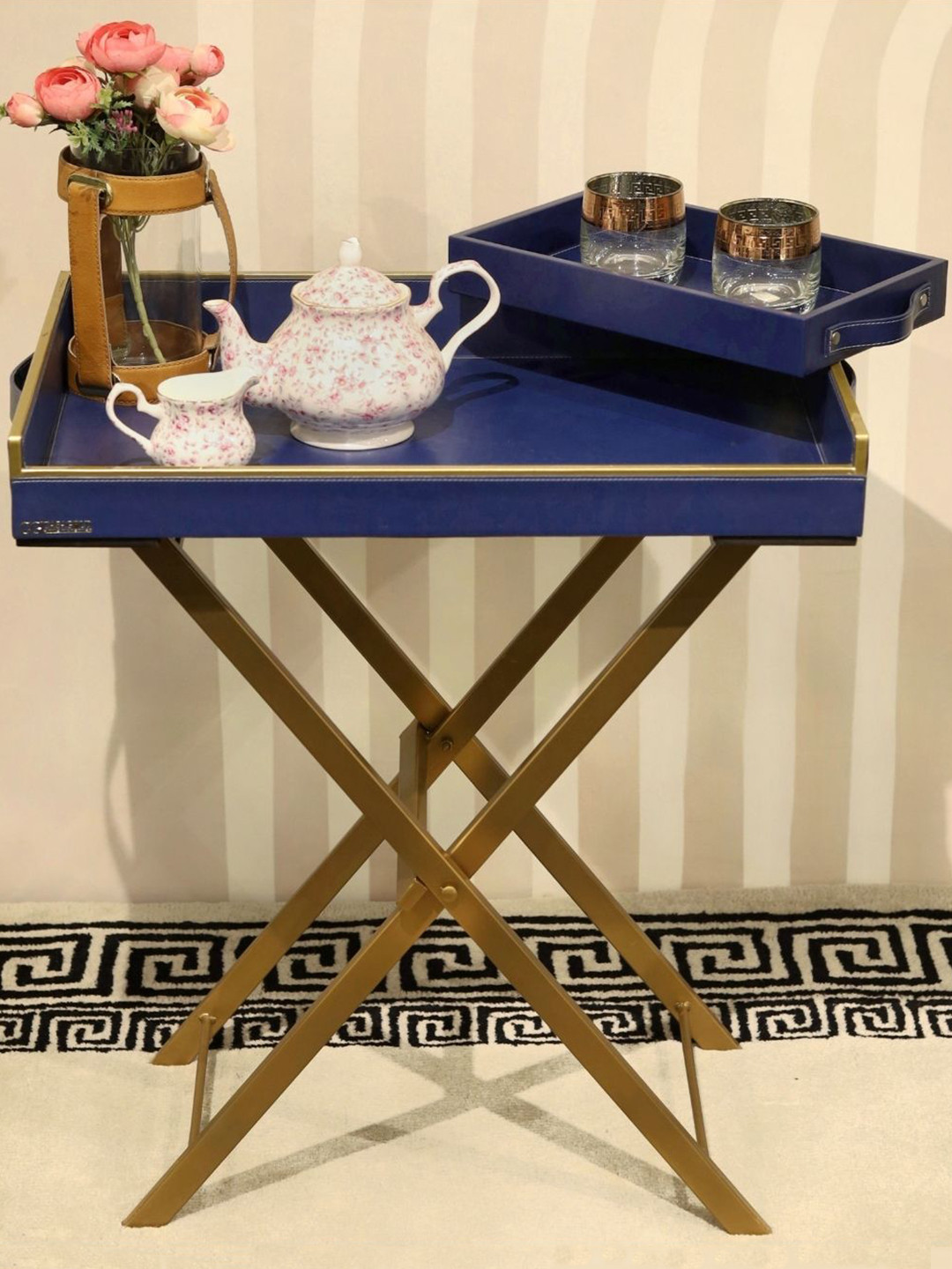 CasaGold Precioso Navy Blue Wooden Foldable Butler Tary & Small Tray with Tissue Holder