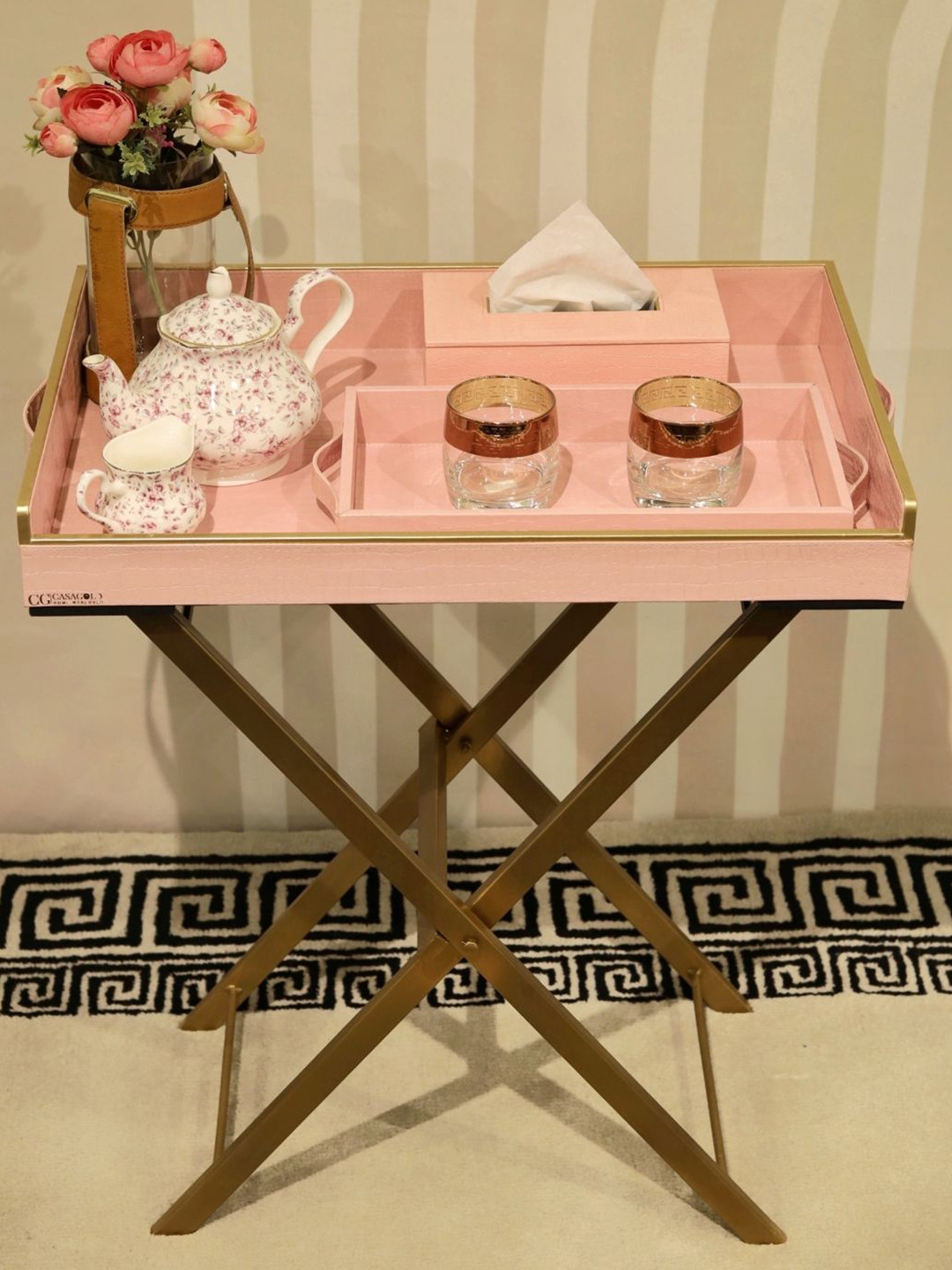 CasaGold Pink 3 Pieces Solid Rectangular Leather Butler & Small Trays & Tissue Box