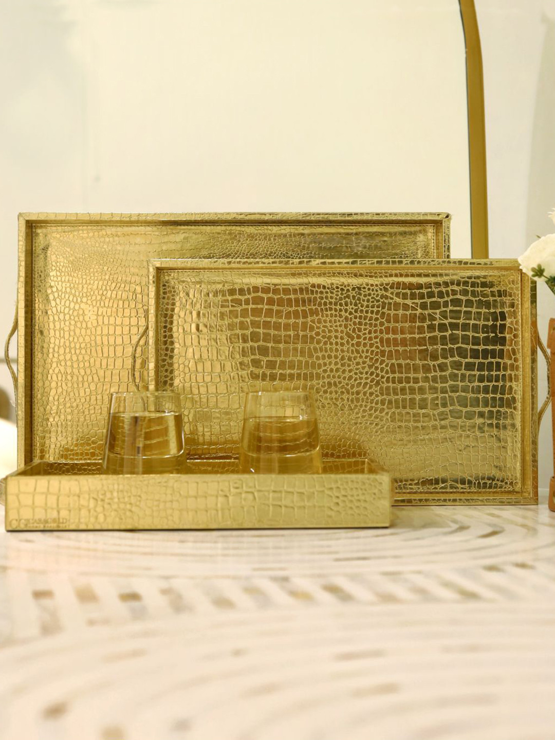 CasaGold Gold Toned 3 Pieces Leather Trays