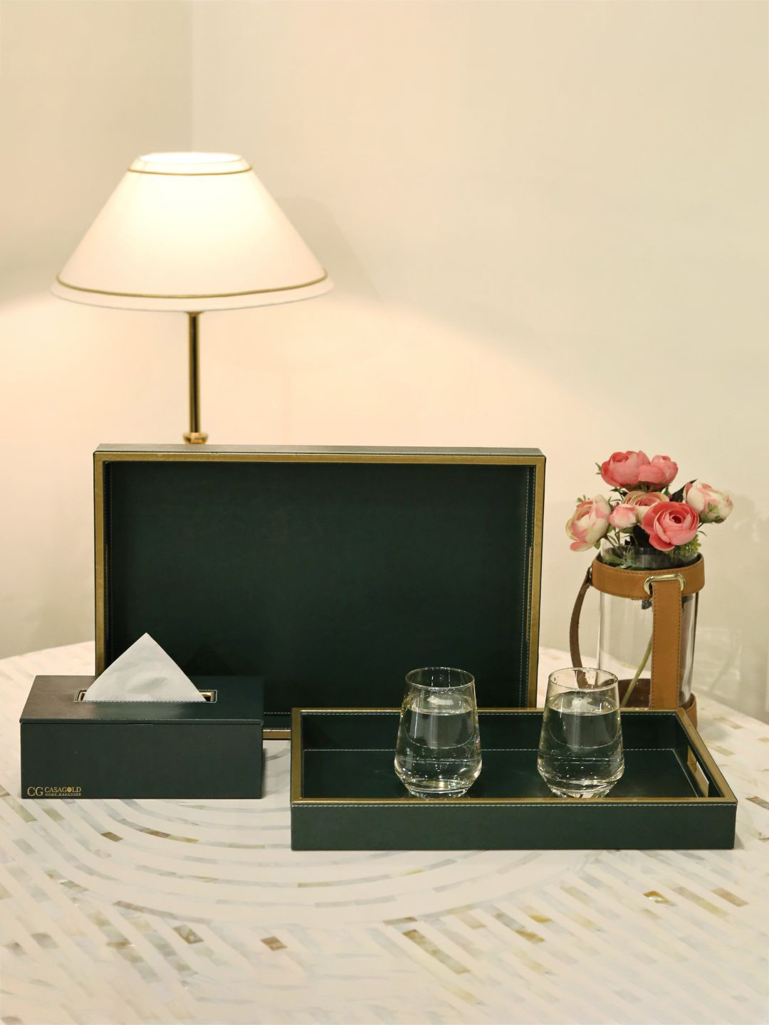 CasaGold Green 2 Pieces Solid Rectangular  Leather Tray & Tissue Holder Set