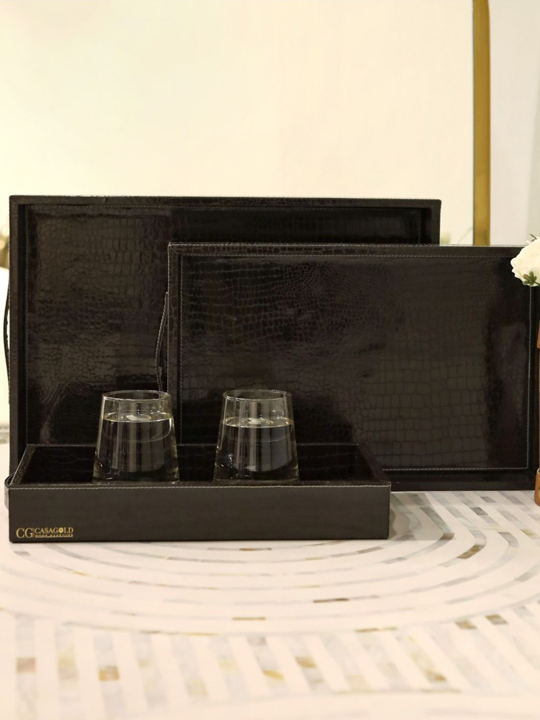 CasaGold Black 3-Pcs Premium Leather Trays