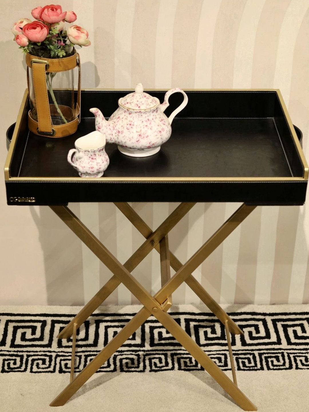 CasaGold Precioso Black & Gold Toned Rectangular Wood Foldable Tray With Stand
