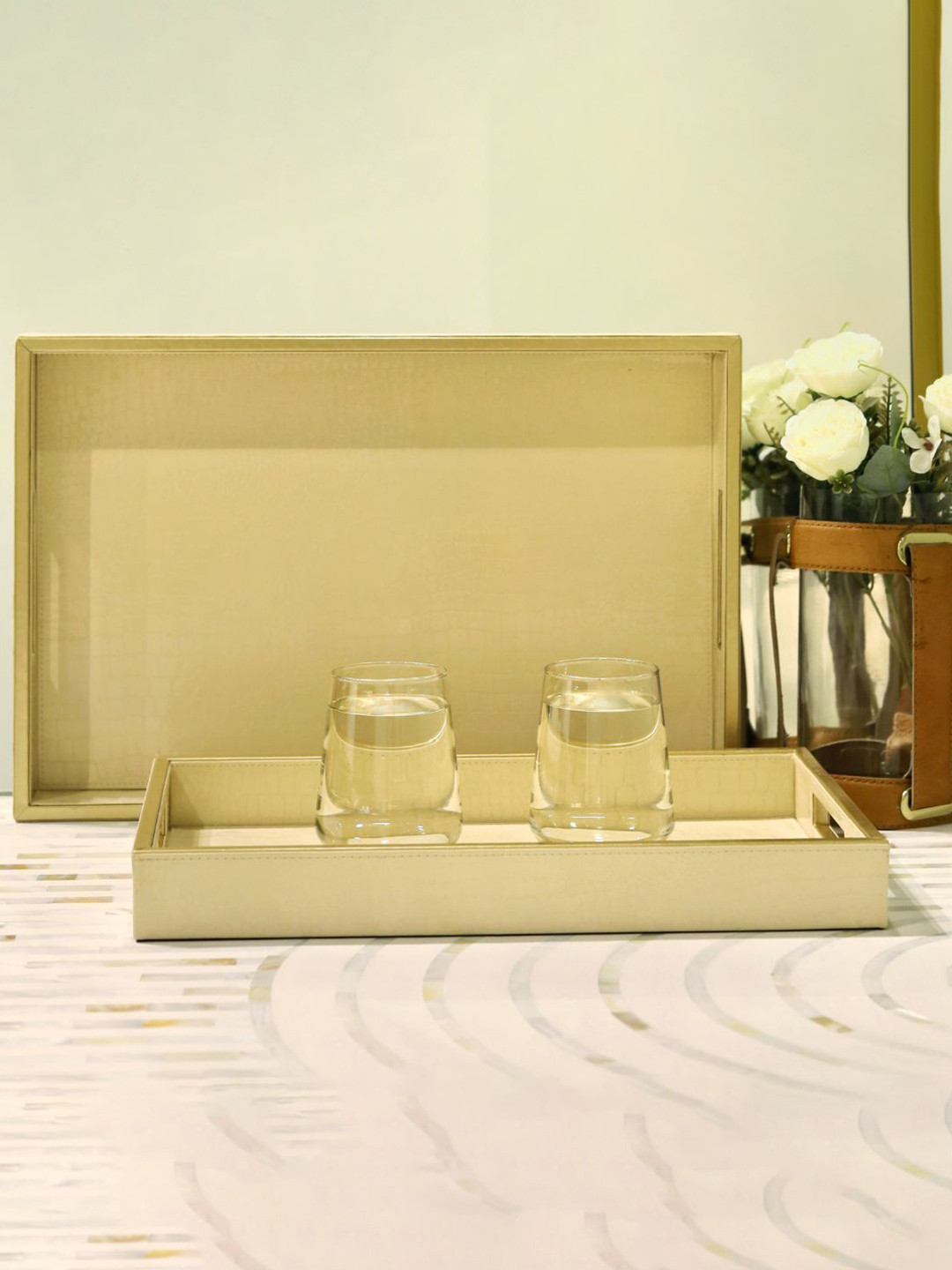 CasaGold Cream 2 Pieces Rectangle Leather Serving  Trays