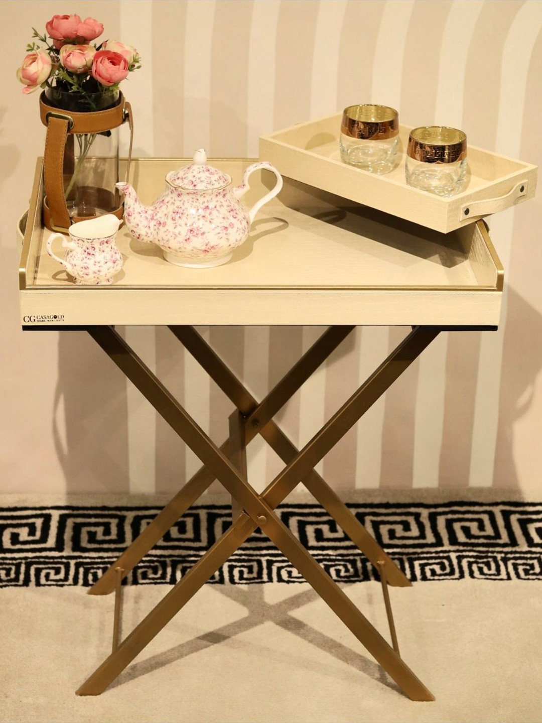 CasaGold Precioso Cream Coloured & Gold Toned 2 Pieces Wood Foldable Trays With Stand
