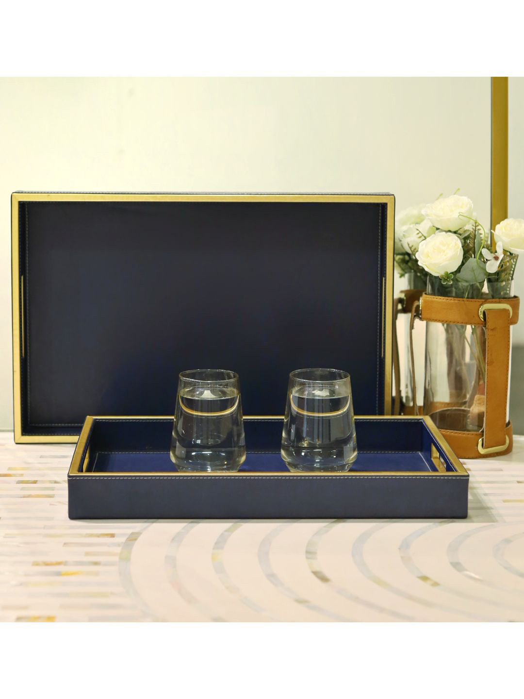 CasaGold 2-Pcs Navy Blue Leather Tray Set