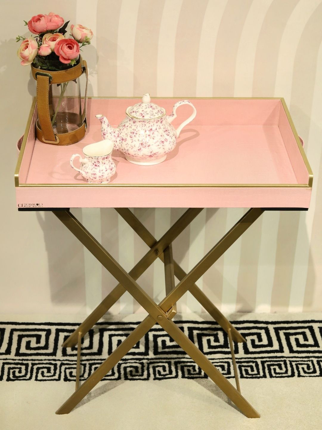 CasaGold Precioso Pink & Gold Toned Rectangular Wood Foldable Butler Tray With Stand