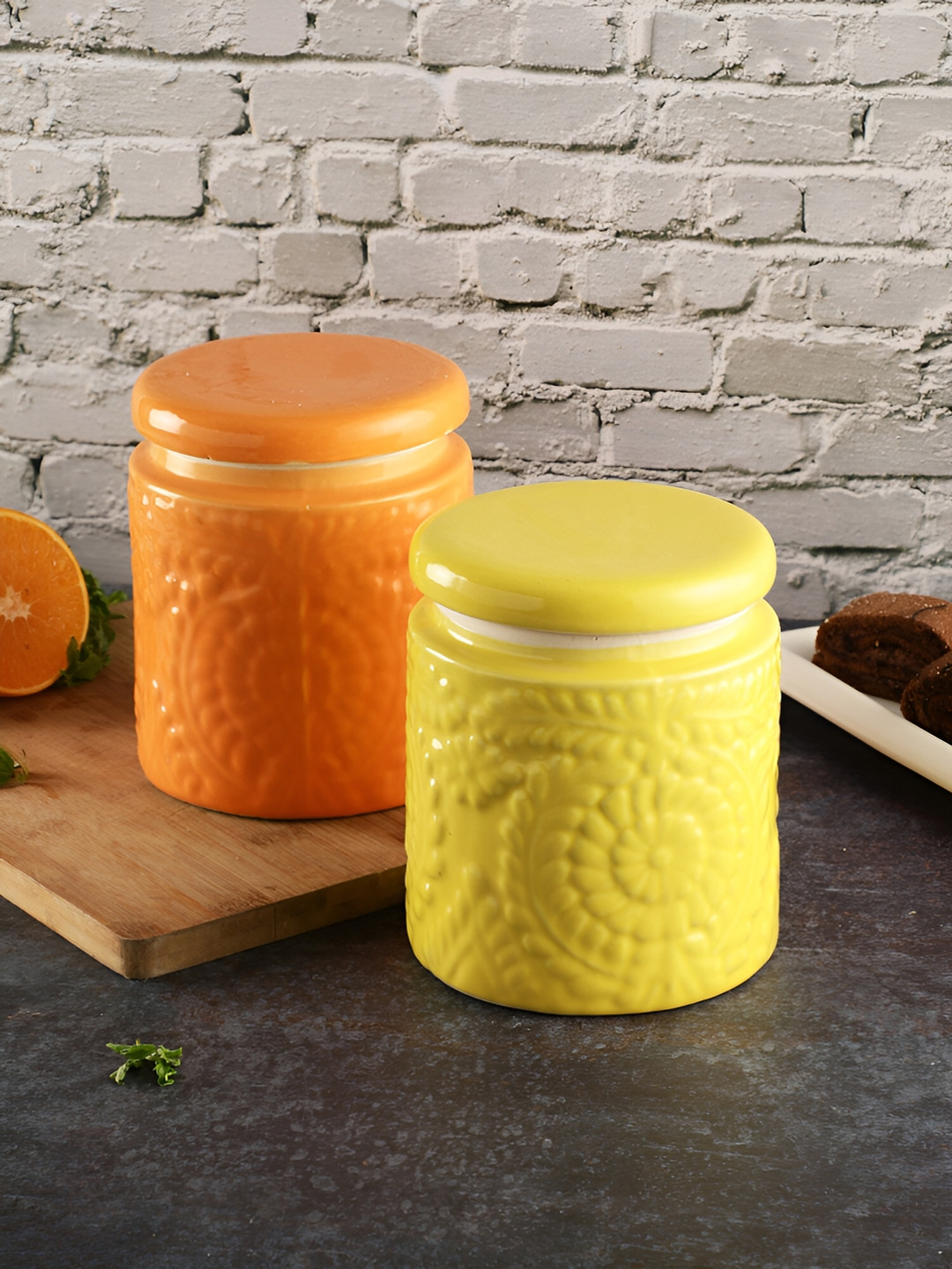 The Decor Lane Orange & Yellow  2Pcs Ceramic Microwave Safe Food Containers 1000 ml