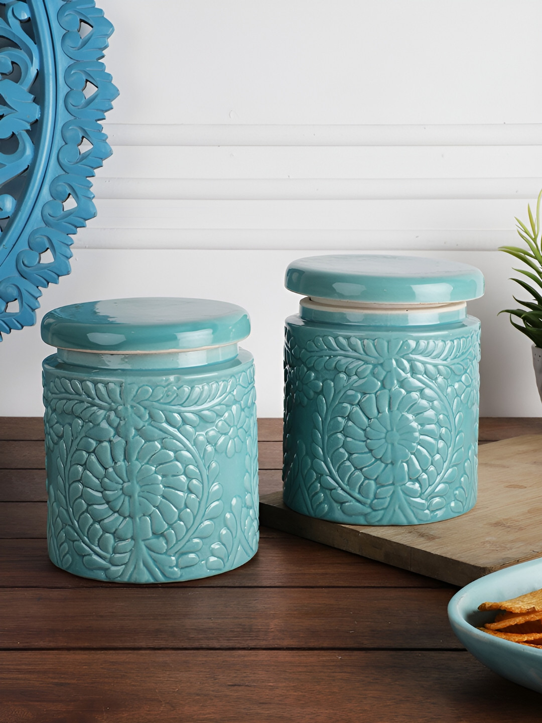 The Decor Lane Handpainted Blue Floral Ceramic Microwave Safe 2 Piece Flip Top Canister-1L