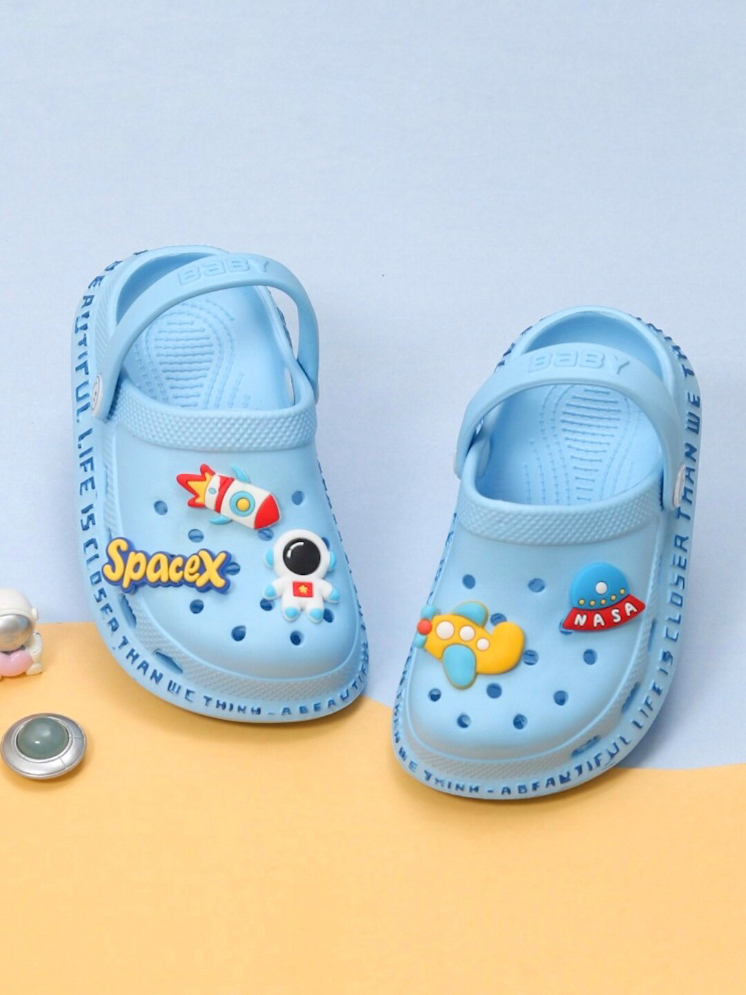 Yellow Bee Boys Space Theme Applique Rubber Clogs