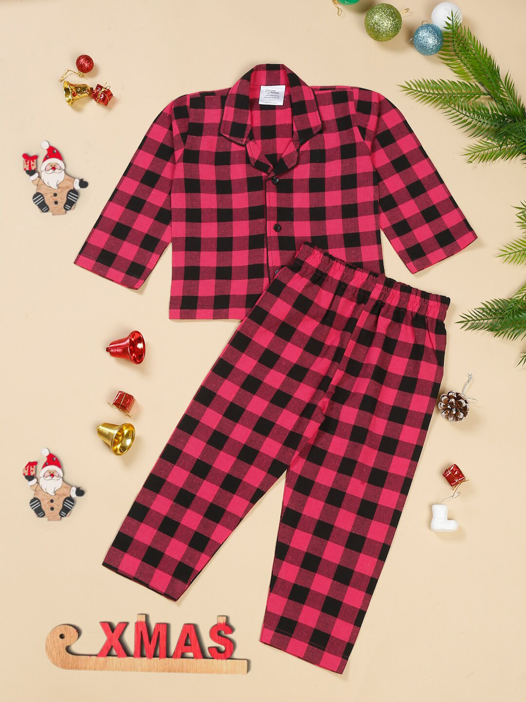 Little Musketeer Girls Checked Lapel Collar Pure Cotton Night suit