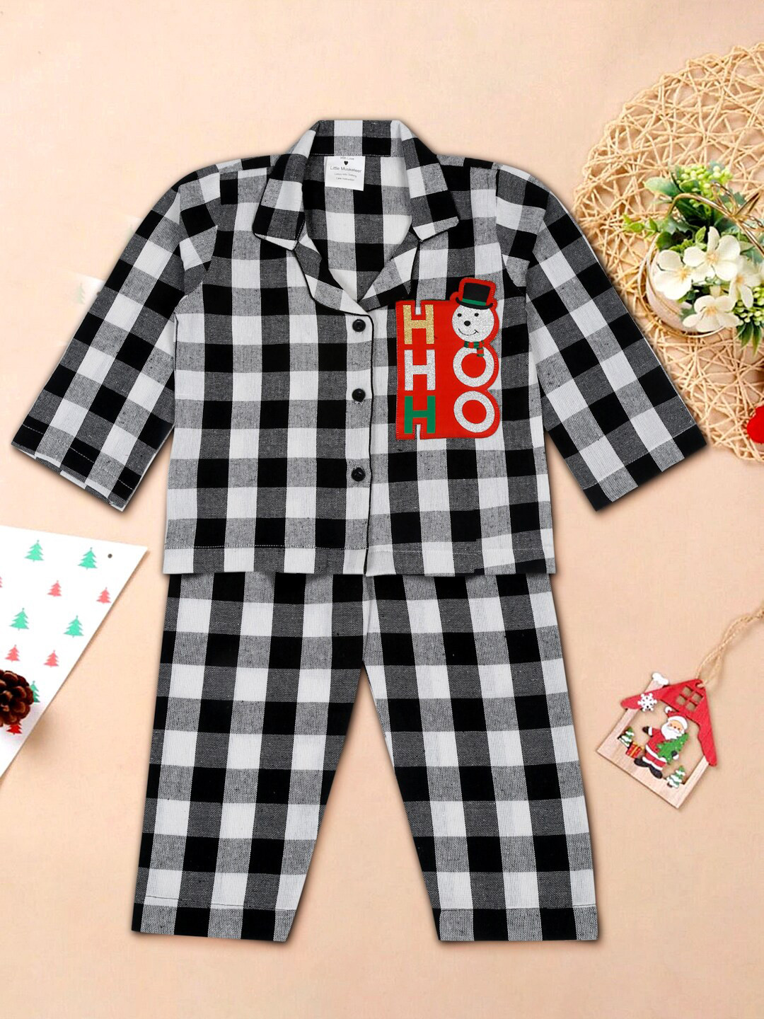 Little Musketeer Girls Checked Shirt Collar Pure Cotton Night suit