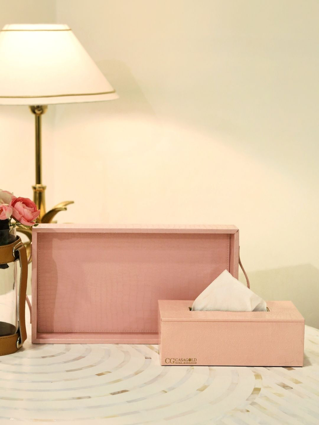 CasaGold Pink Solid Rectangular Leather Tray With Tissues Box