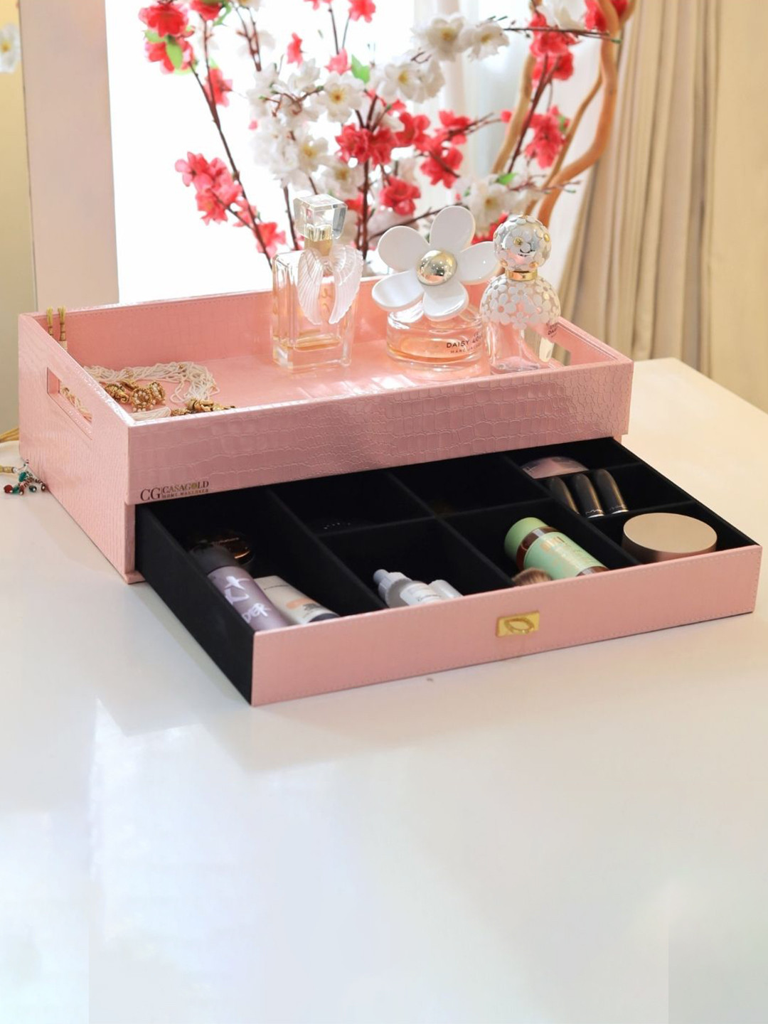 CasaGold Peach Solid Rectangle Leather Storage Tray