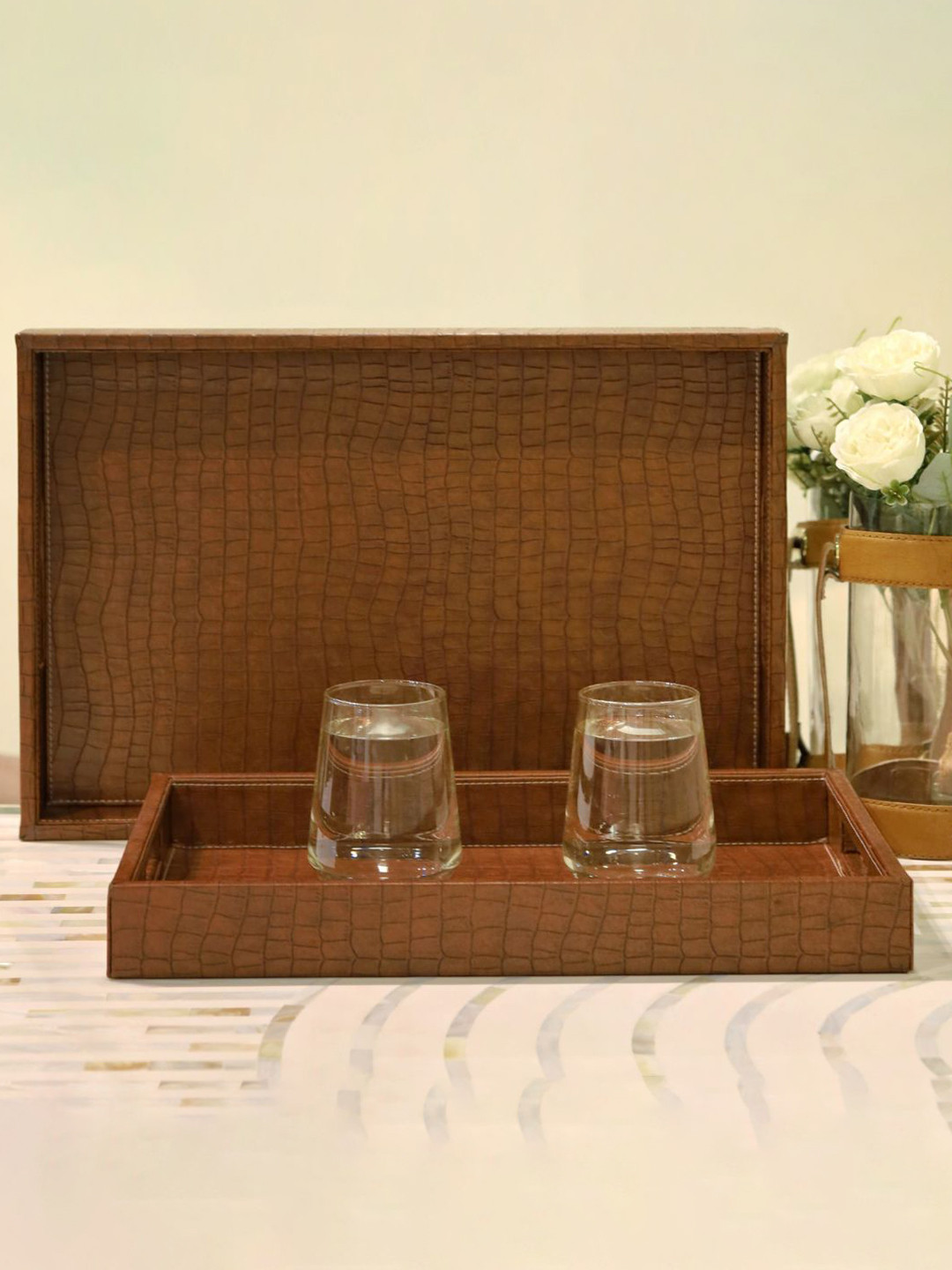 CasaGold 2Pieces Brown Solid Rectangular Leather Serving Trays