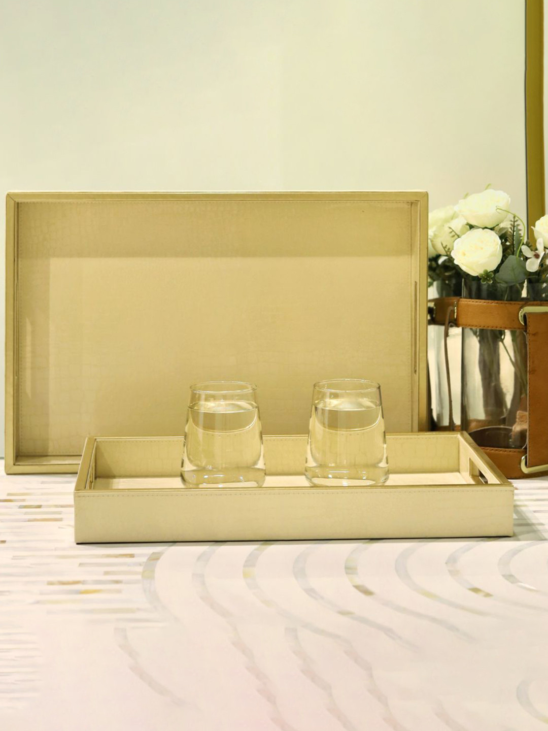 CasaGold Cream Coloured & Gold Toned 2 Pieces Textured Rectangular Wood Serving Trays